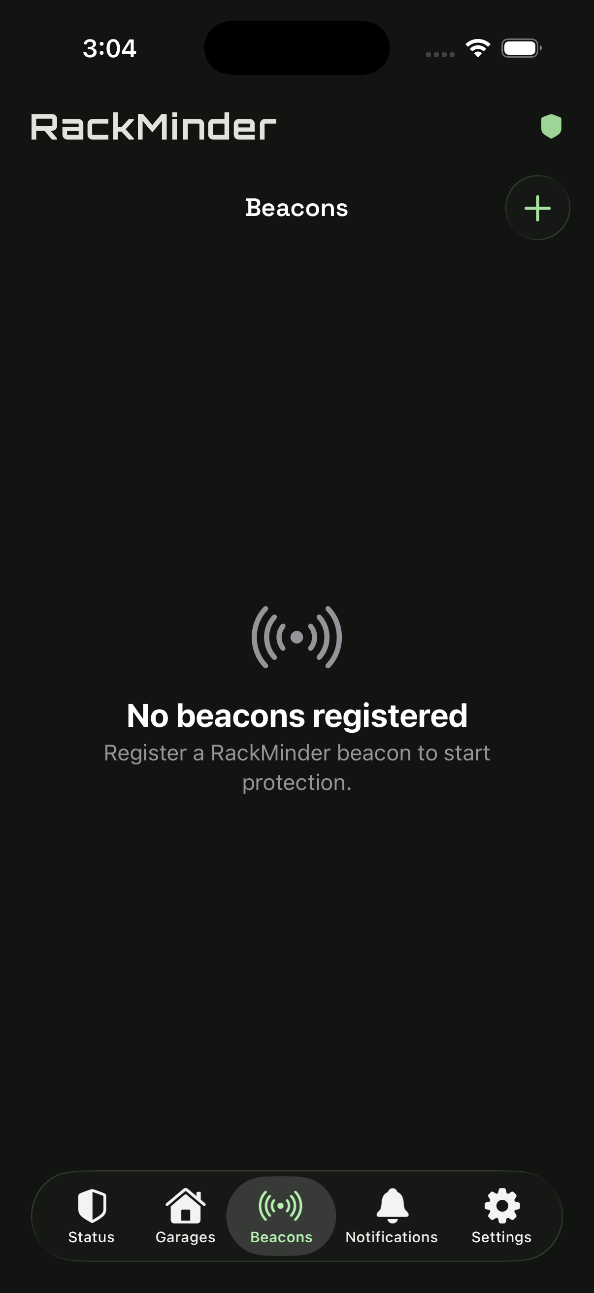 RackMinder app beacons screen to register a RackMinder beacon