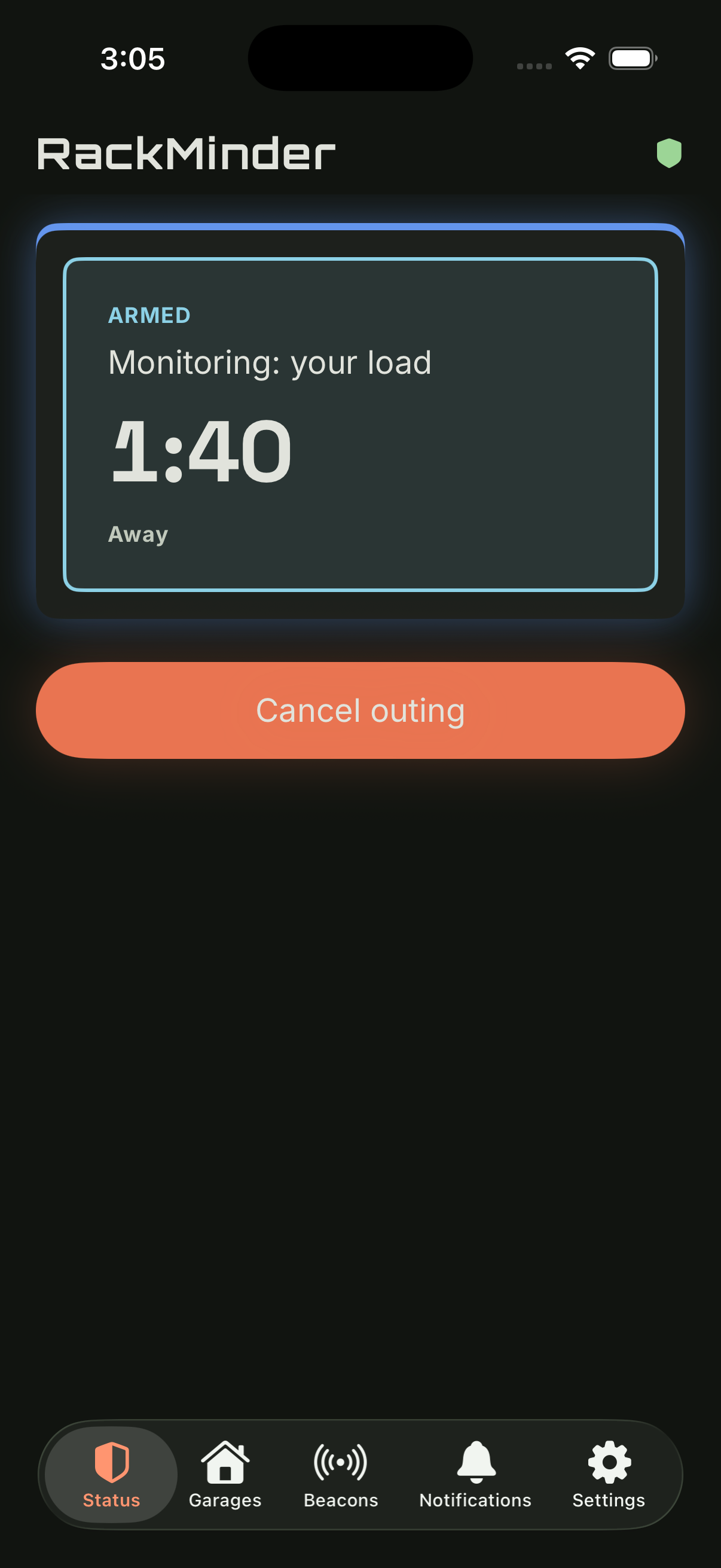 RackMinder app armed status screen monitoring your load with a cancel outing button