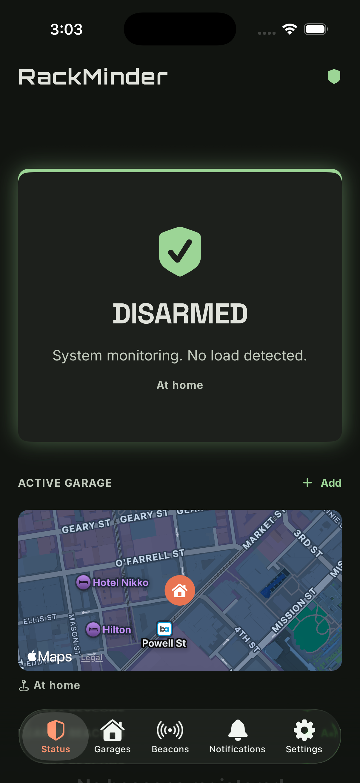 RackMinder app disarmed status screen showing system monitoring with no load detected