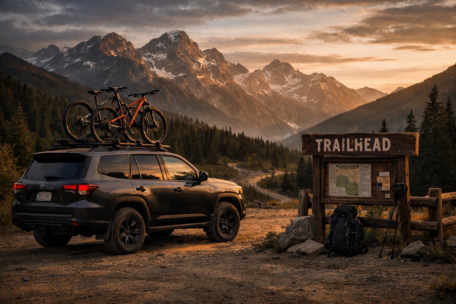 SUV with mountain bikes on roof rack at scenic trailhead
