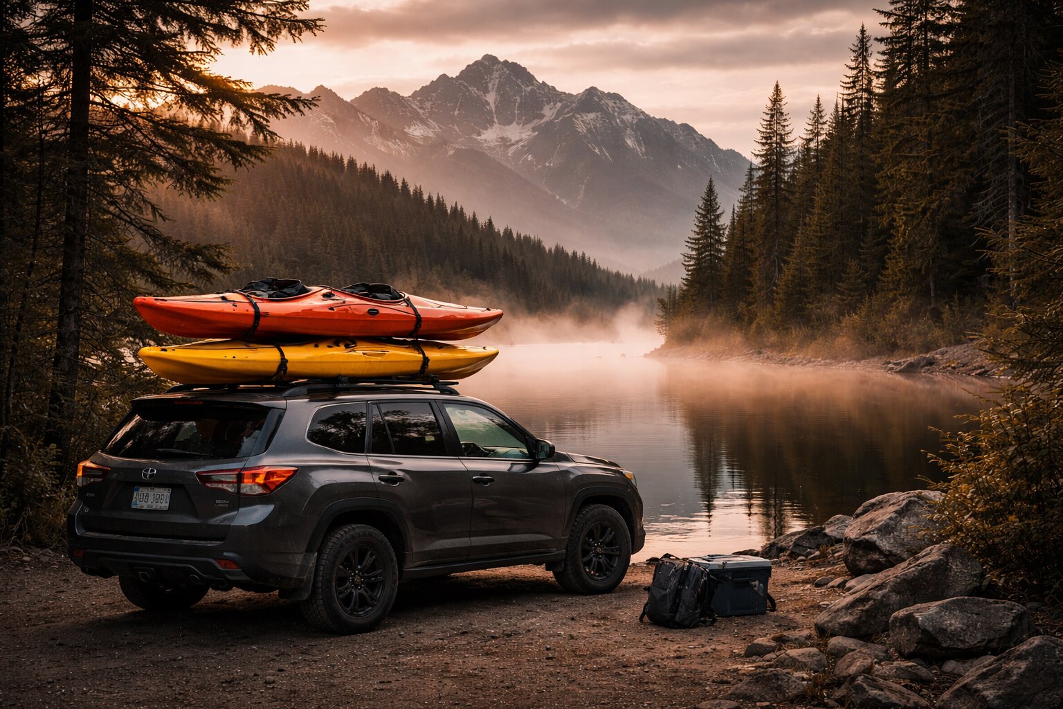 SUV with kayaks on roof rack at misty mountain lake