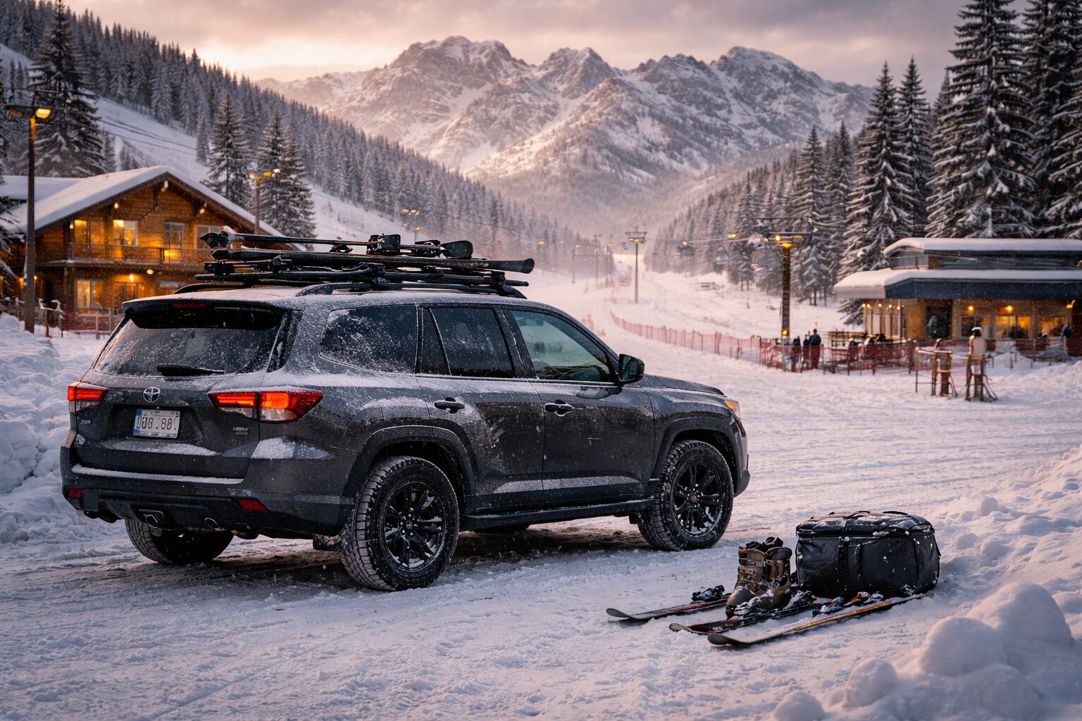 SUV with skis on roof rack at snowy ski resort